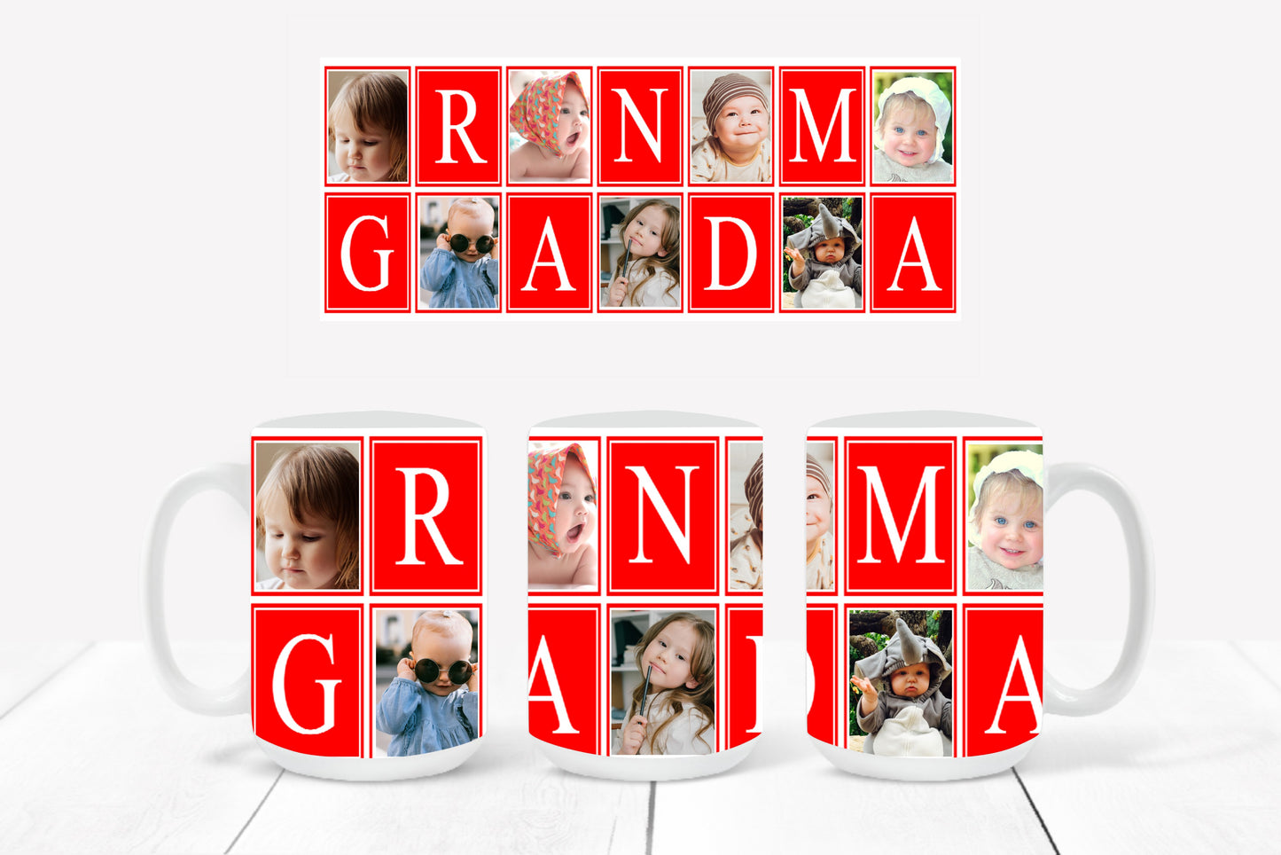 Personalized Photo Mug featuring a red-outlined collage design with hearts and the word "Grandma"