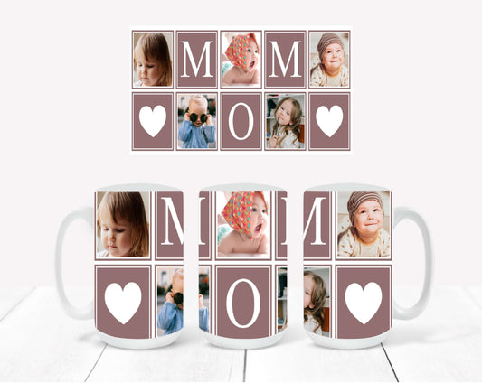 Personalized Photo Mug featuring a copper rose-outlined collage design with hearts and the word "MOM"