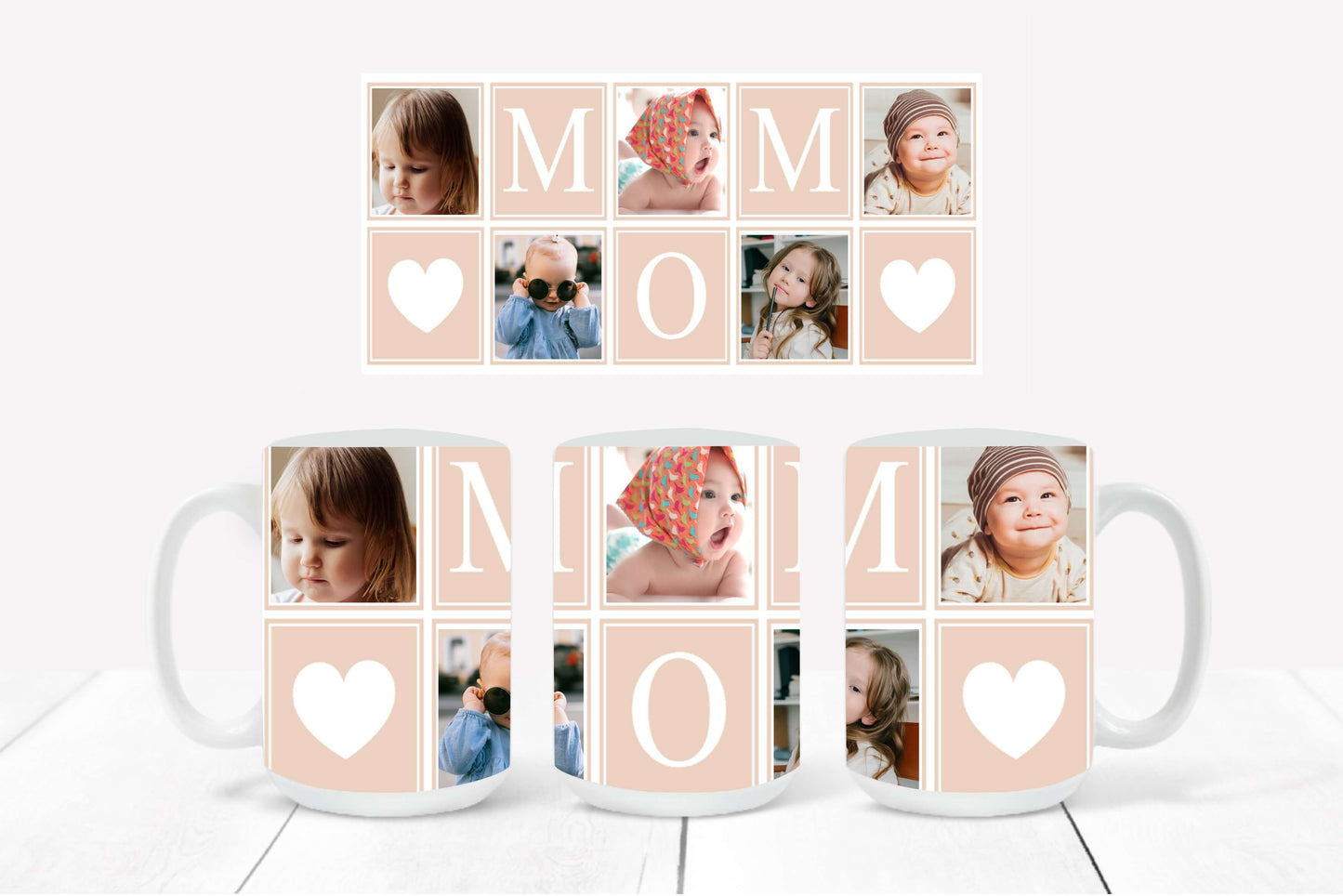 Personalized Photo Mug featuring a dust storm-outlined collage design with hearts and the word "MOM"