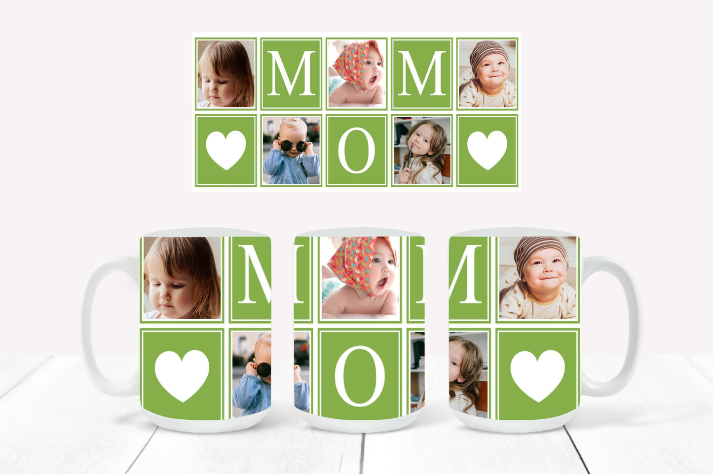 Personalized Photo Mug featuring a green-outlined collage design with hearts and the word "MOM"