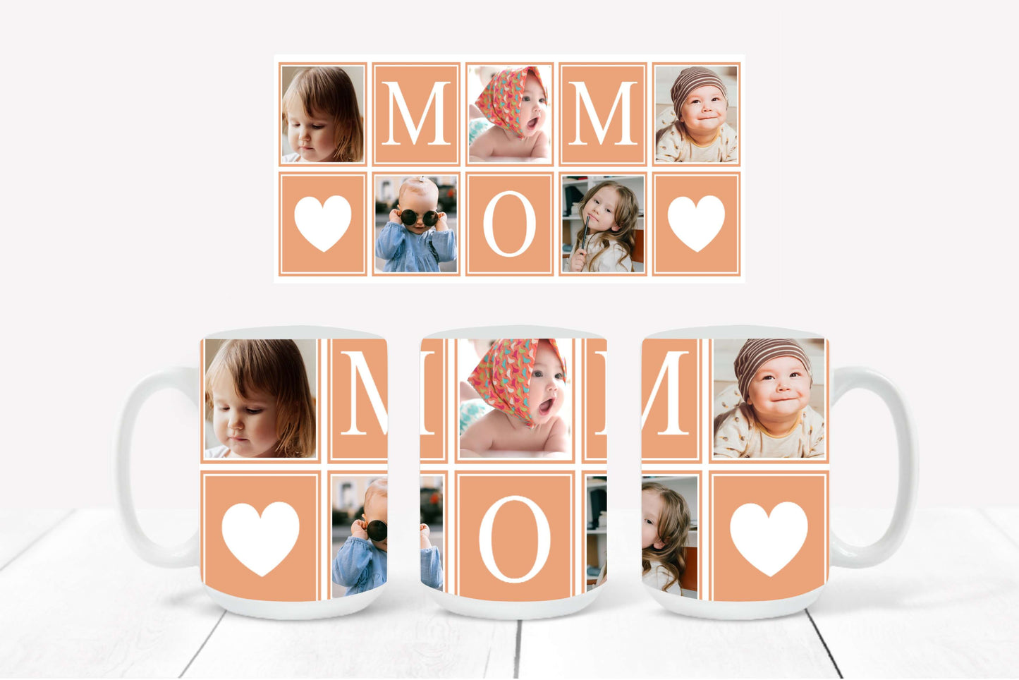 Personalized Photo Mug featuring a light orange-outlined collage design with hearts and the word "MOM"