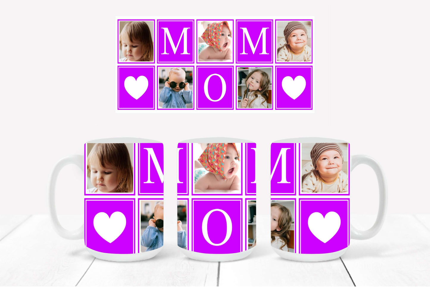 Personalized Photo Mug featuring a purple-outlined collage design with hearts and the word "MOM"