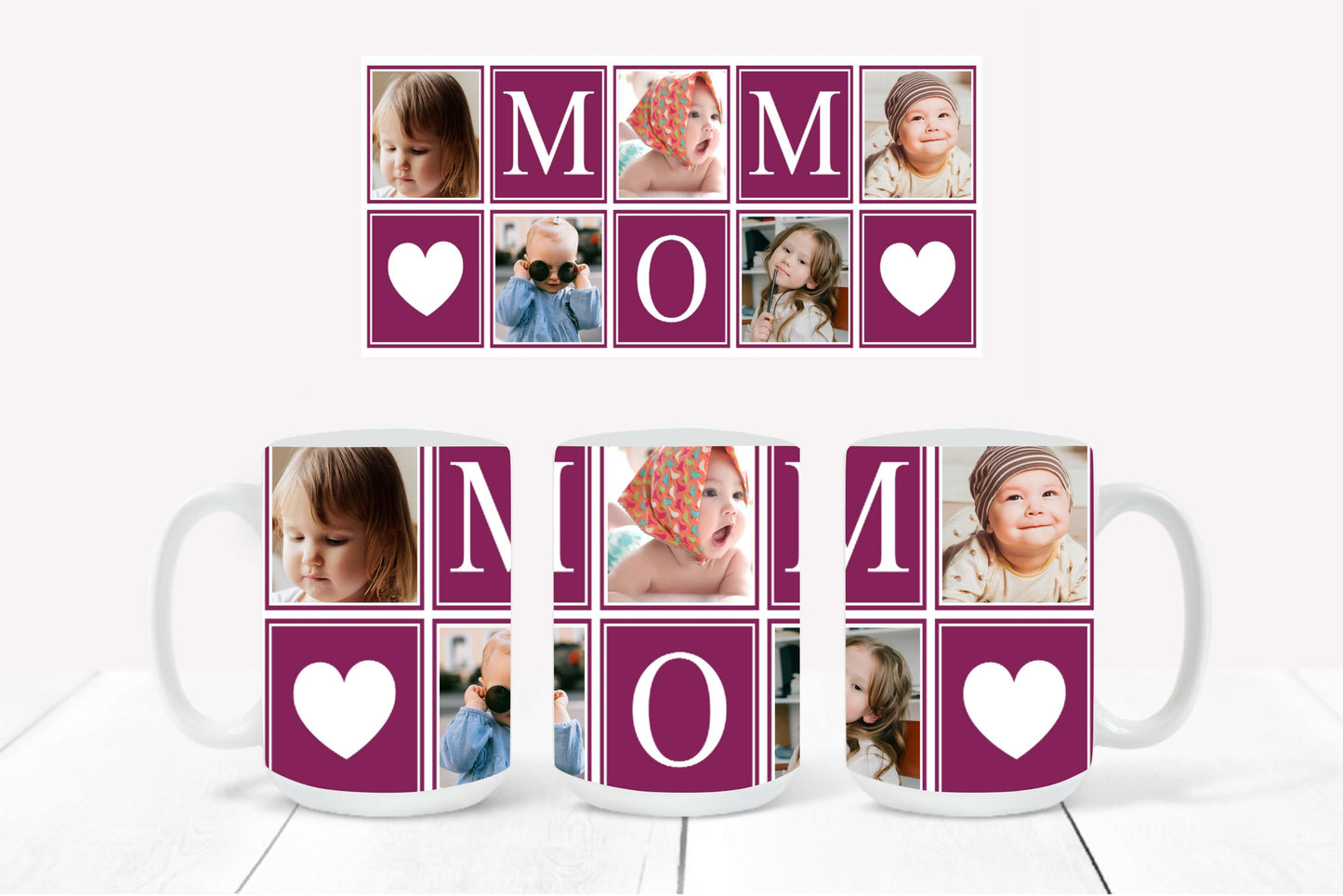 Personalized Photo Mug featuring a raspberry-outlined collage design with hearts and the word "MOM"