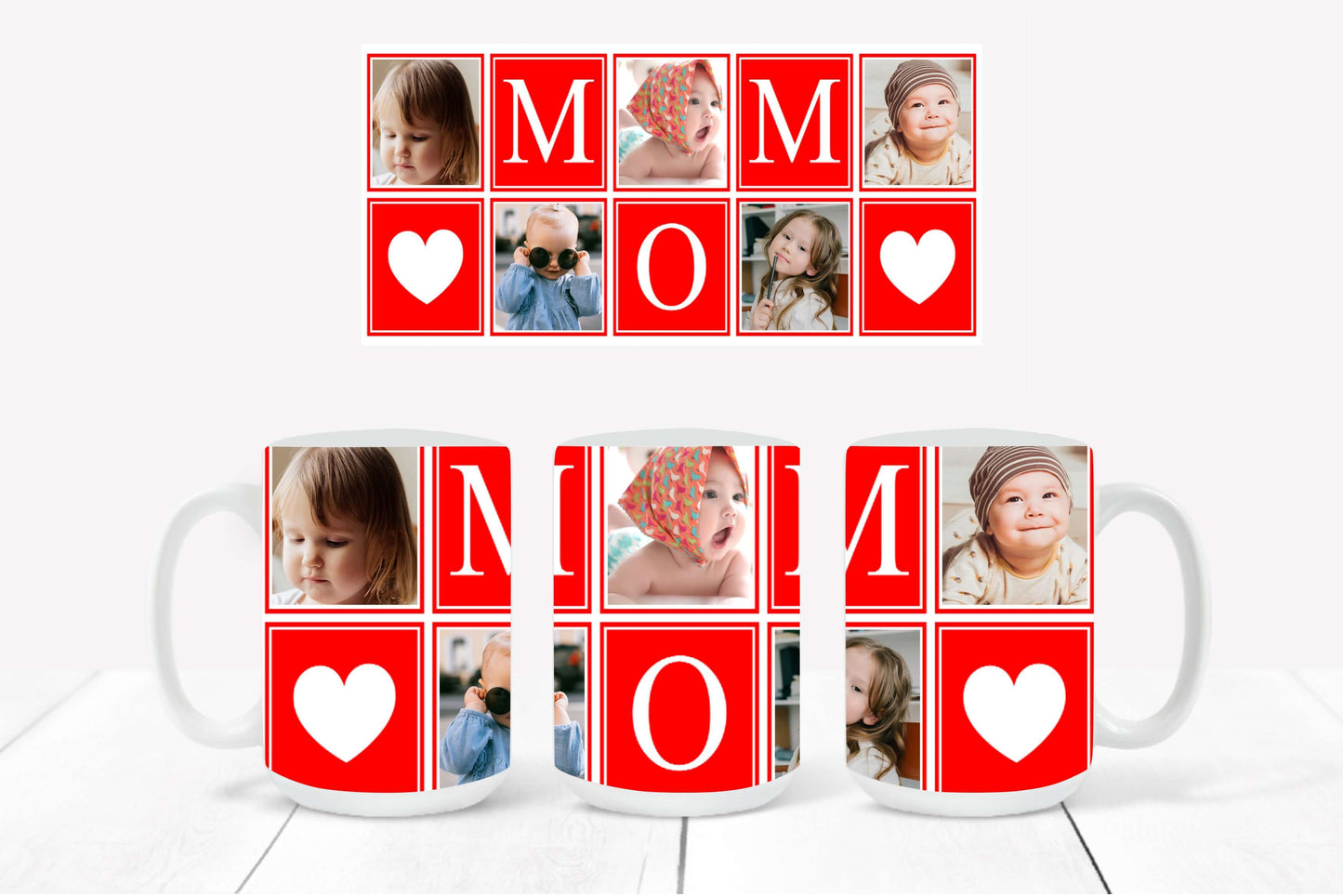 Personalized Photo Mug featuring a red-outlined collage design with hearts and the word "MOM"