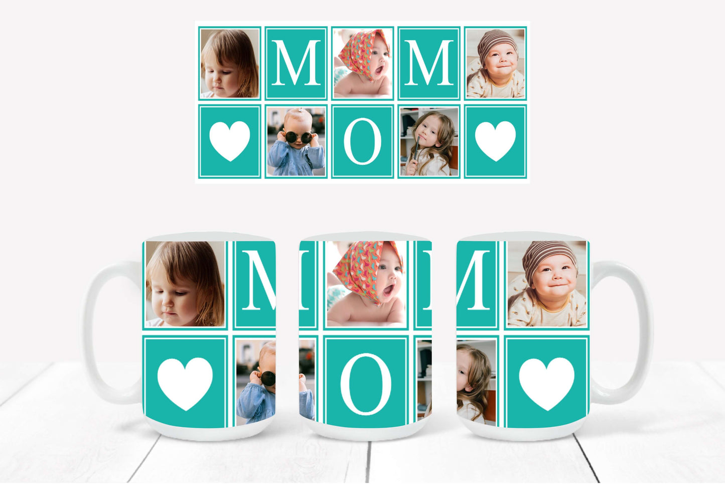 Personalized Photo Mug featuring a sea green-outlined collage design with hearts and the word "MOM"
