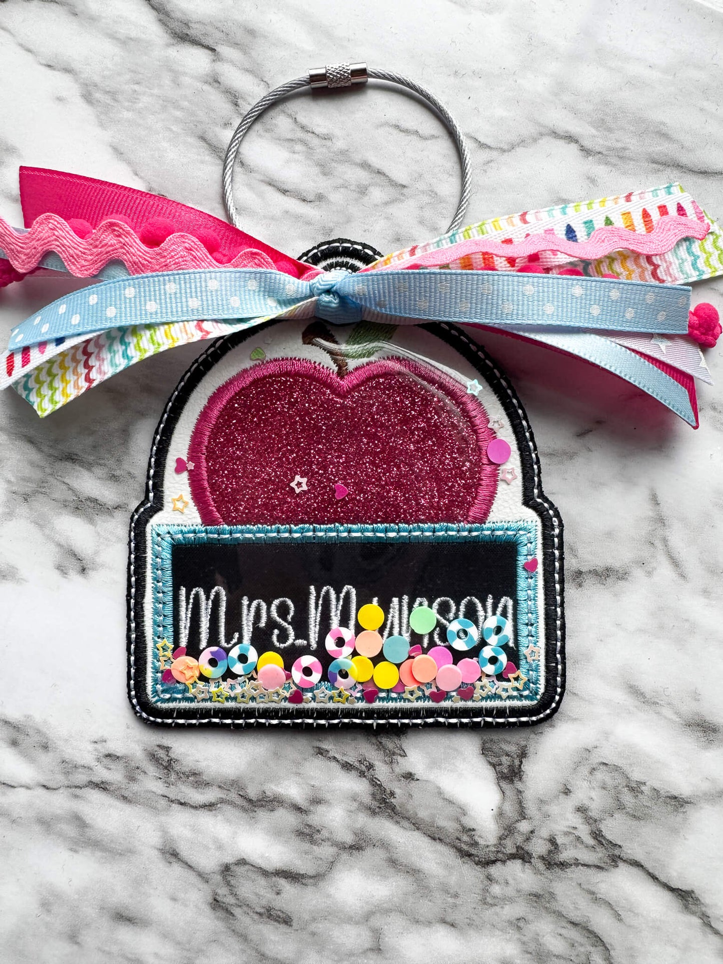 Personalized Embroidered Apple Shaker Bag Tag for Teachers or Students