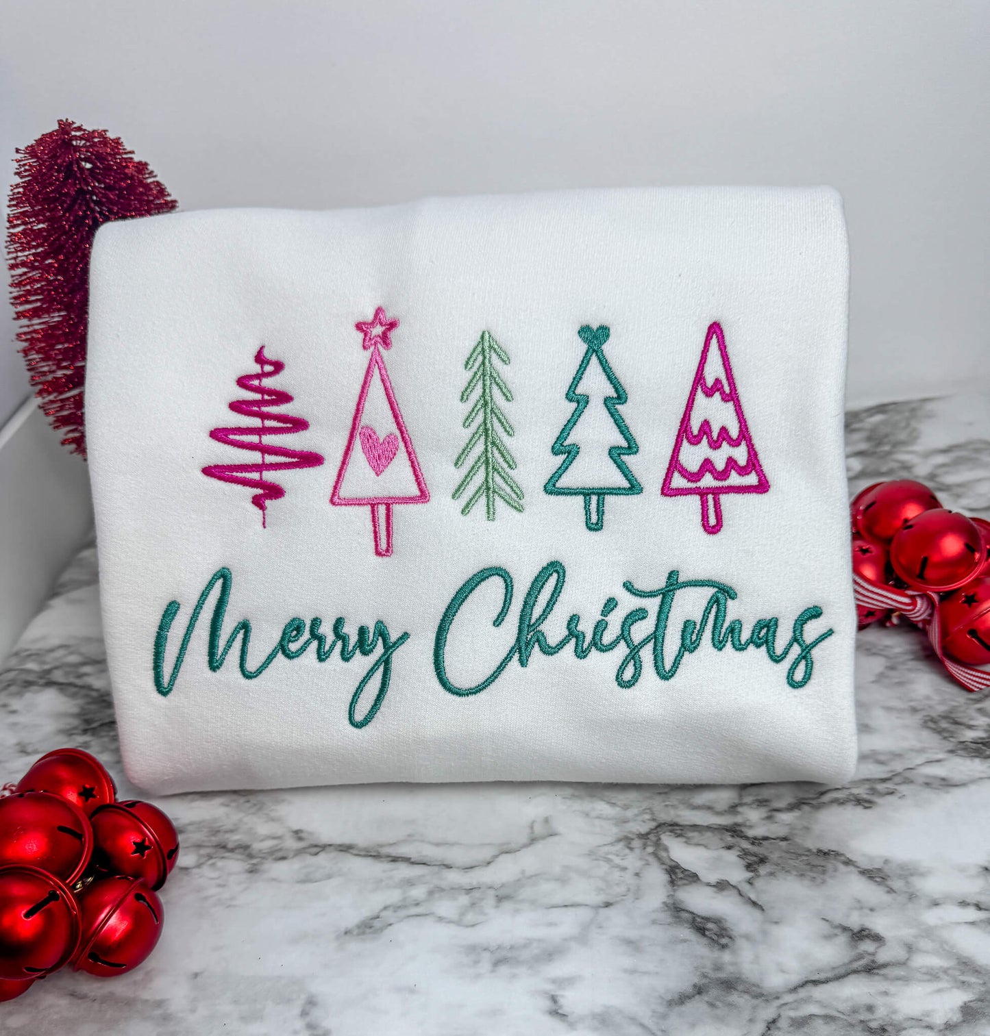 Pink & Teal Christmas Trees Embroidered Sweatshirt – Cute “Merry Christmas” Holiday Shirt