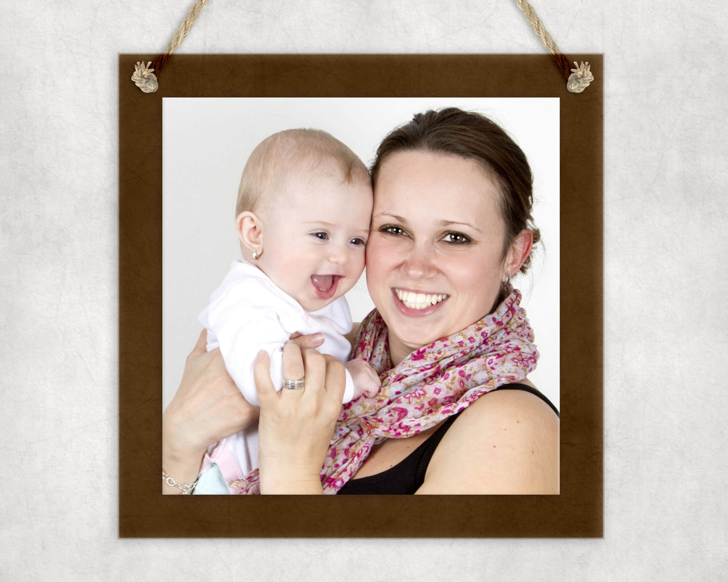 Hanging Square Dark Natural Wood Frame with 7x7 Aluminum Photo Panel with twine rope for easy hanging on a wall.