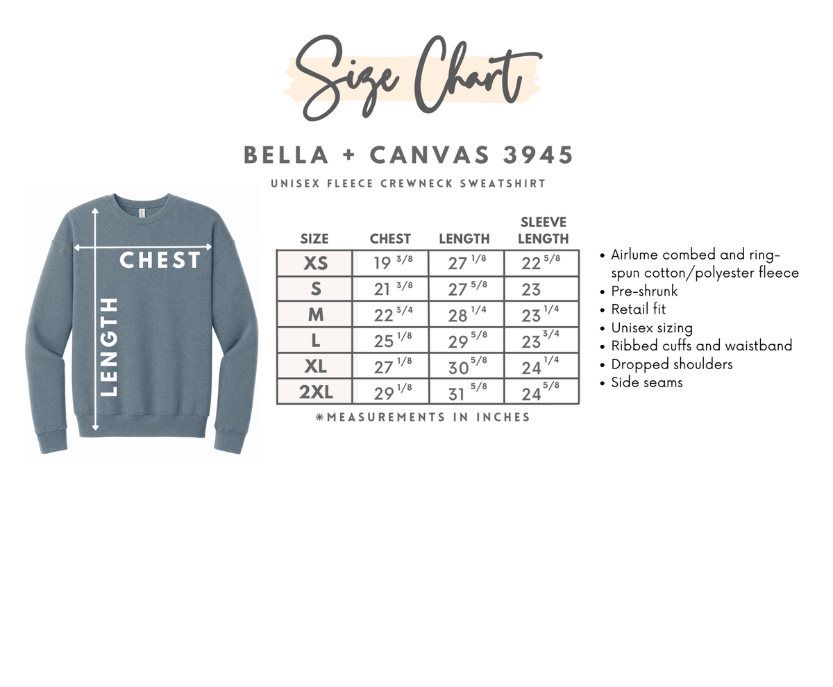 Bella Canvas 3945 Sweatshirt Size Chart