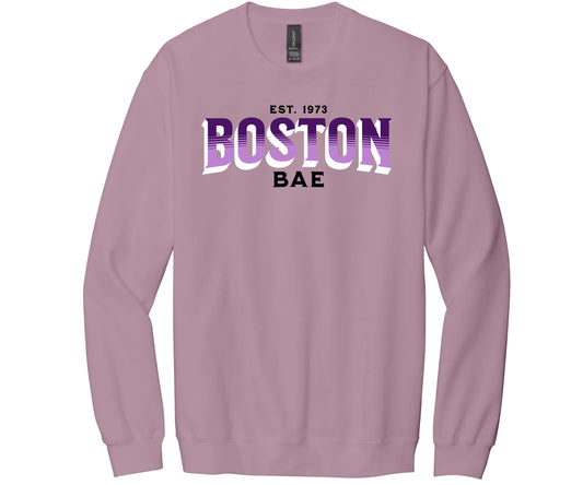 Gildan Softstyle Sweatshirt in the color Paragon with the words Boston Bae and personalized with your year of choice