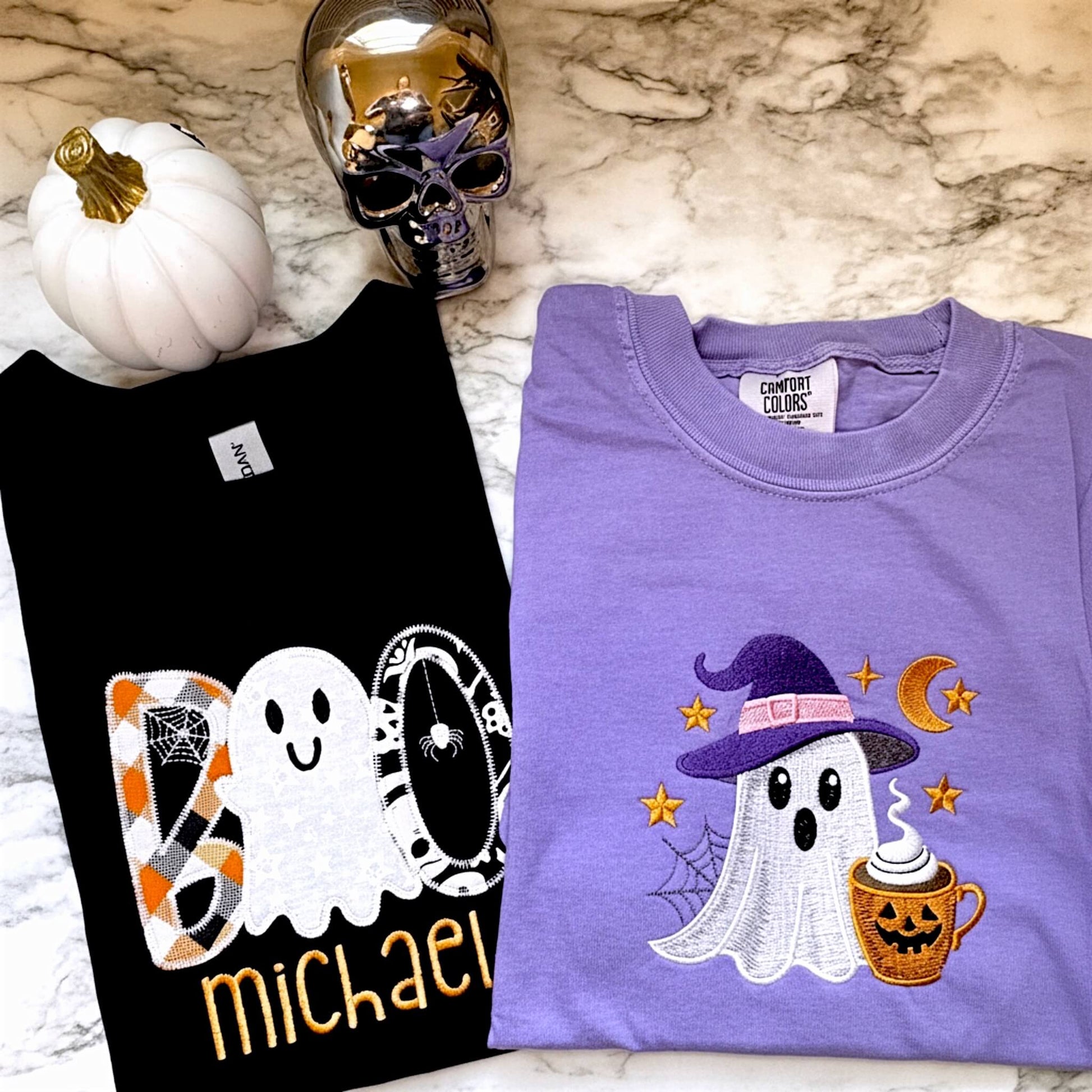 Boys Gildan embroidered applique Boo Ghost T-shirt personalized with child's name and a Comfort Colors Adult T-Shirt in the color Violet with an embroidered cute ghost wearing a witch hat.