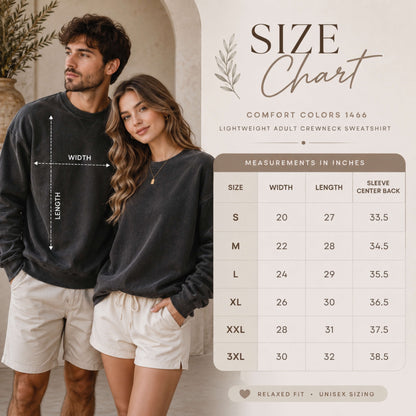 Comfort Colors Lightweight Sweatshirt (#1466) Size Chart.  Unisex fit, sizes S-3XL.