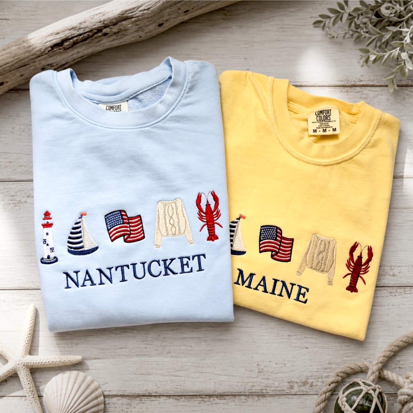 Comfort Colors embroidered lightweight sweatshirt shown alongside the matching T-shirt to showcase coordinating Coastal Collection apparel options.  