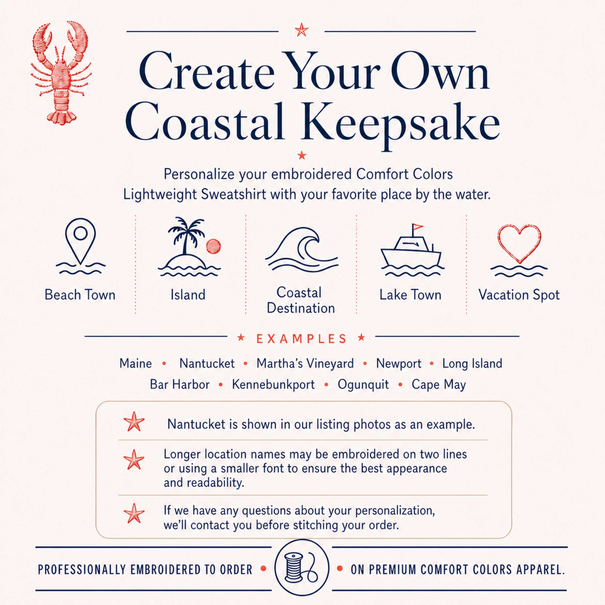 Personalization options infographic for a coastal embroidered comfort colors lightweight sweatshirt showing custom location choices including favorite beach towns, islands, lake destinations, and meaningful places.