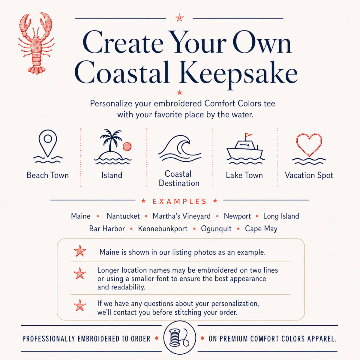 Personalization options infographic for a coastal embroidered shirt showing custom location choices including favorite beach towns, islands, lake destinations, and meaningful places.