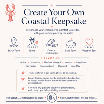 Personalization options infographic for a coastal embroidered shirt showing custom location choices including favorite beach towns, islands, lake destinations, and meaningful places.