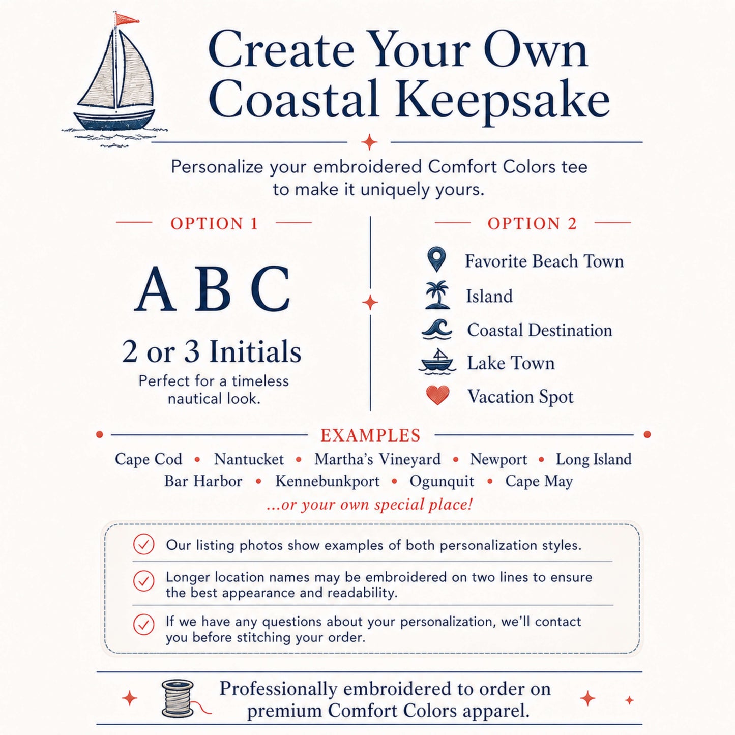 Personalization guide for our Coastal Collection embroidered Comfort Colors t-shirts, showing customization options, sample coastal destinations, and personalization information.