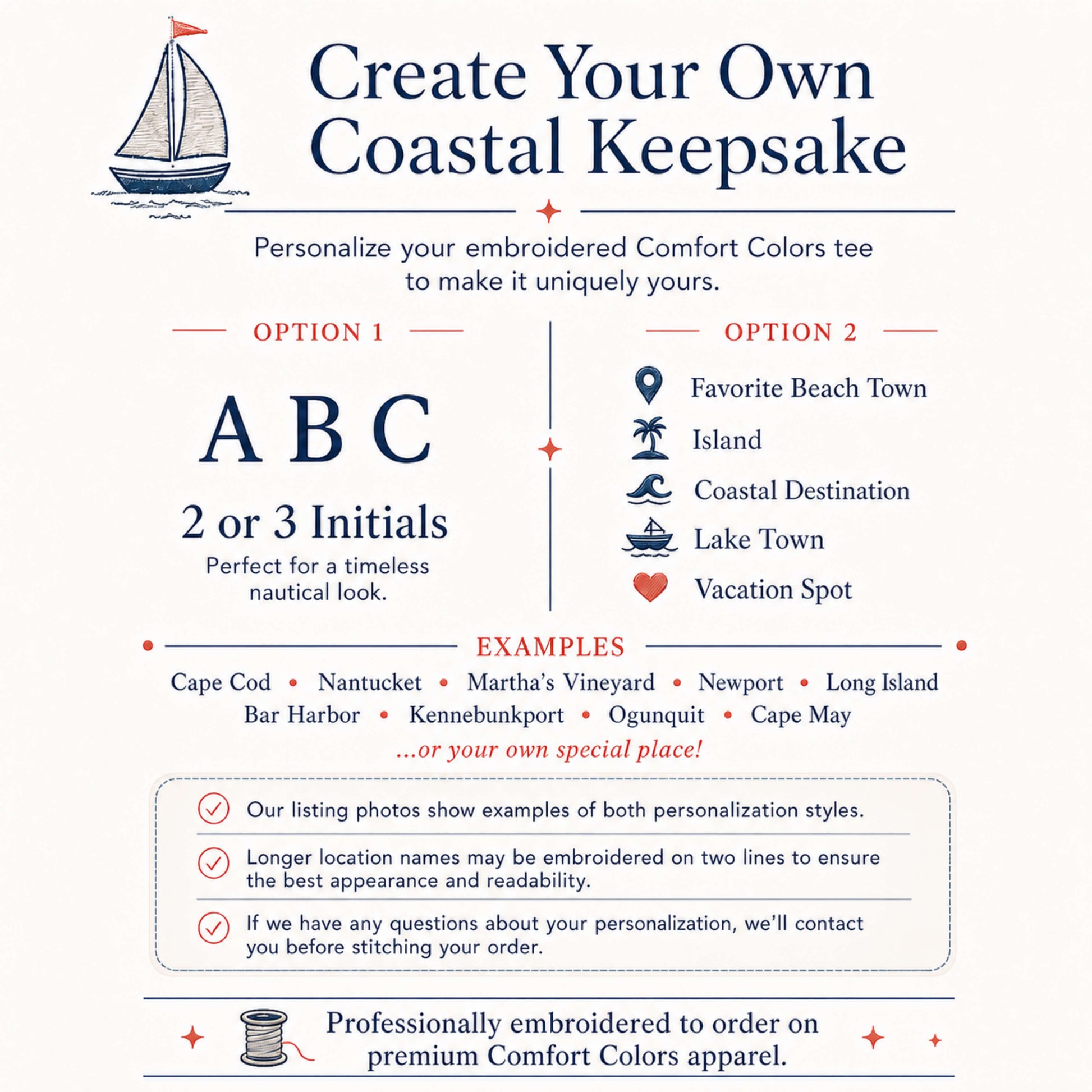 Personalization guide for our Coastal Collection embroidered Comfort Colors t-shirts, showing customization options, sample coastal destinations, and personalization information.