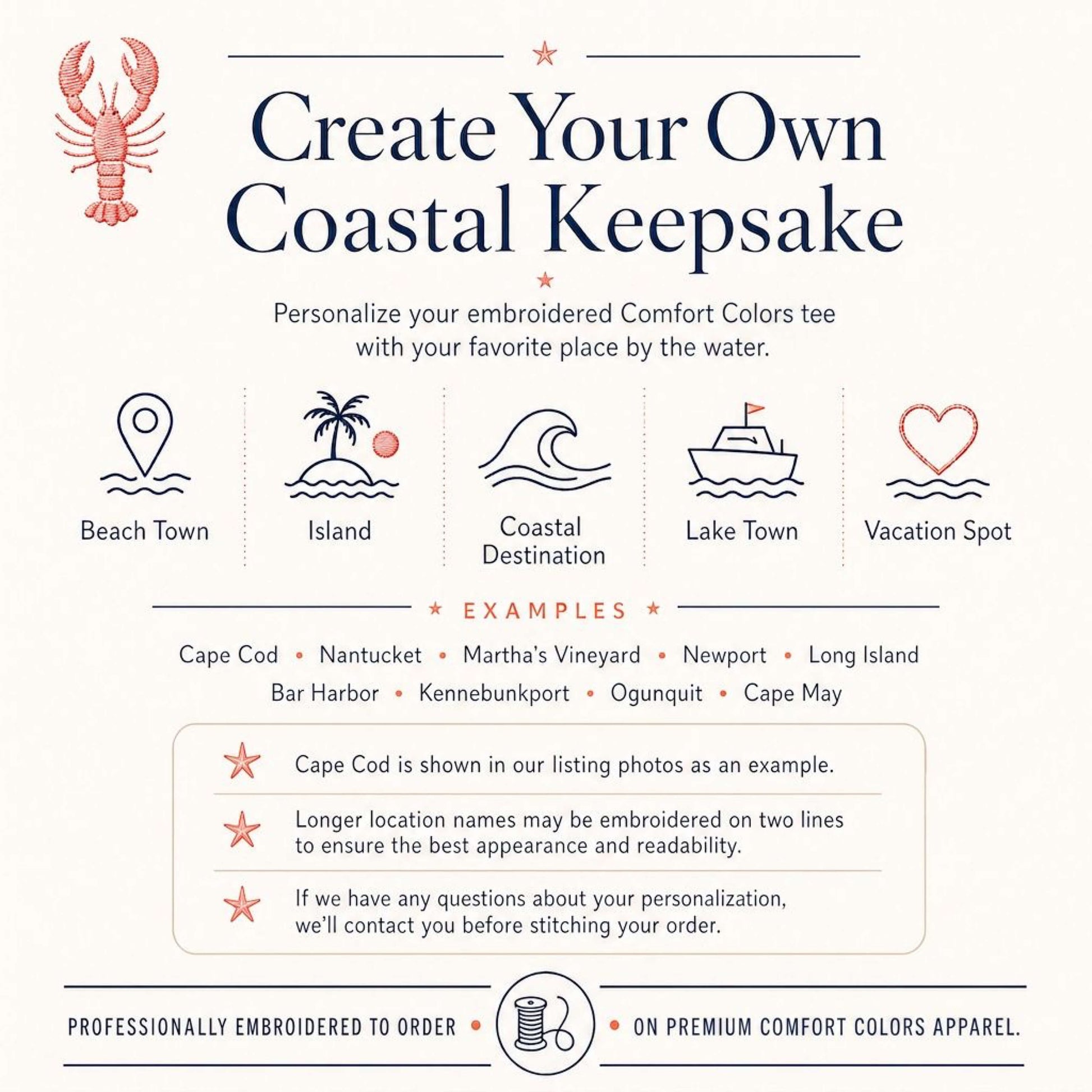Personalization guide for our Coastal Collection embroidered Comfort Colors t-shirts, showing customization options, sample coastal destinations, and personalization information.