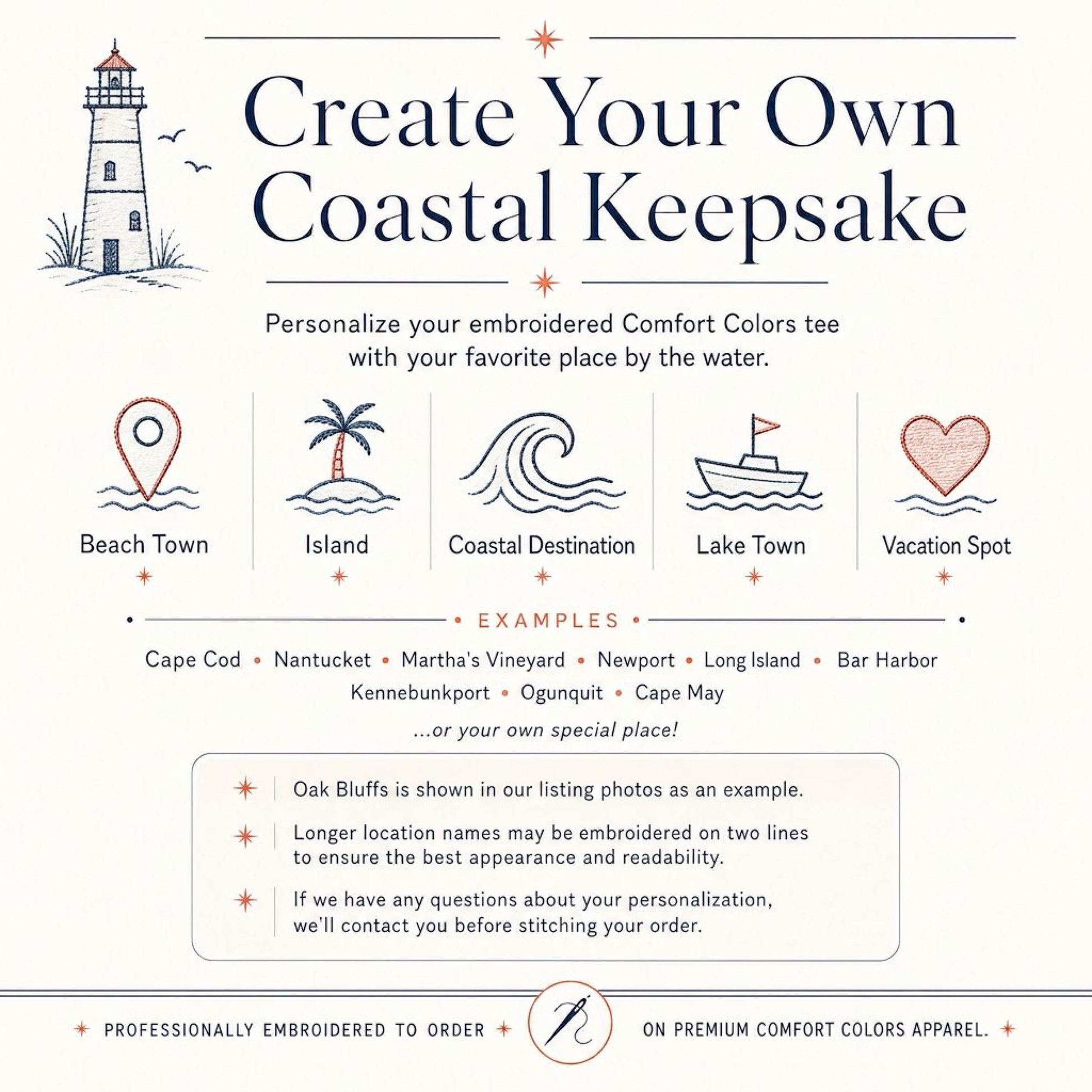 Personalization guide for our Coastal Collection embroidered Comfort Colors t-shirts, showing customization options, sample coastal destinations, and personalization information.