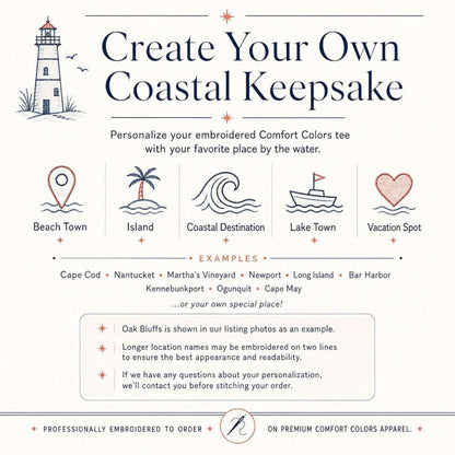 Personalization guide for our Coastal Collection embroidered Comfort Colors t-shirts, showing customization options, sample coastal destinations, and personalization information.