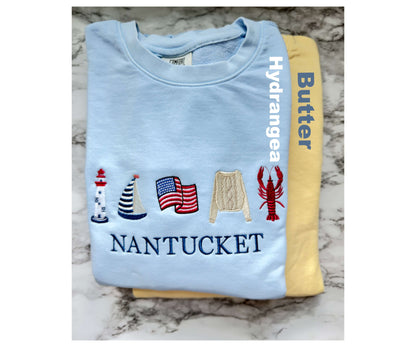 Coastal-inspired embroidered design offered on a Comfort Colors lightweight sweatshirt (1466) in two color options: Hydrangea and Butter.  Part of our Coastal Collection.