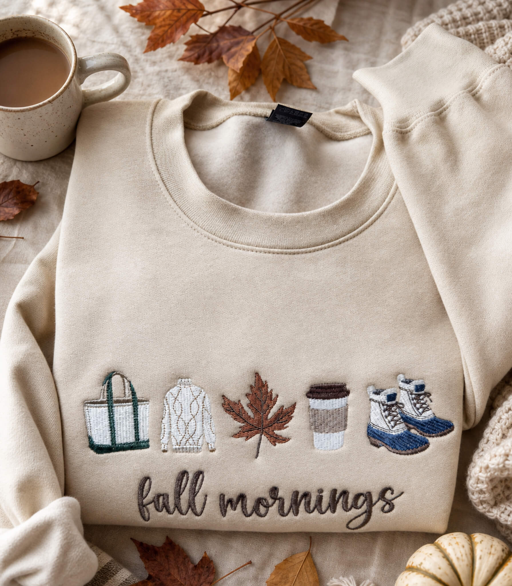 Fall Mornings embroidered sweatshirt with cozy fall-inspired icons on a Gildan Softstyle sweatshirt in the color Sand styled in a fall flat lay with autumn-inspired details.