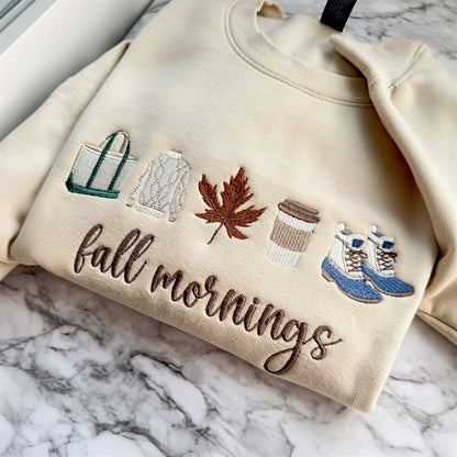 Close up view of our Fall Mornings embroidered sweatshirt with cozy fall-inspired icons on a Gildan Softstyle sweatshirt in the color Sand.