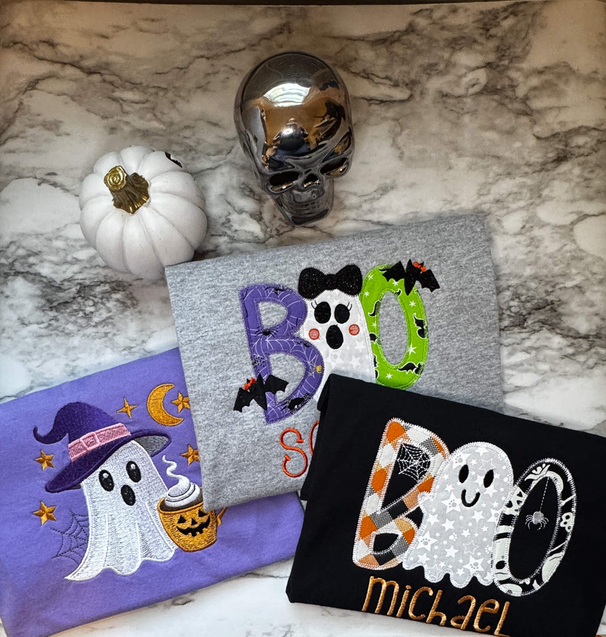 Halloween themed embroidered Tshirts for mom and kids.