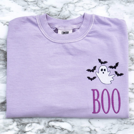 Orchid Comfort Colors t-shirt with embroidered ghost, bats and BOO Halloween design.