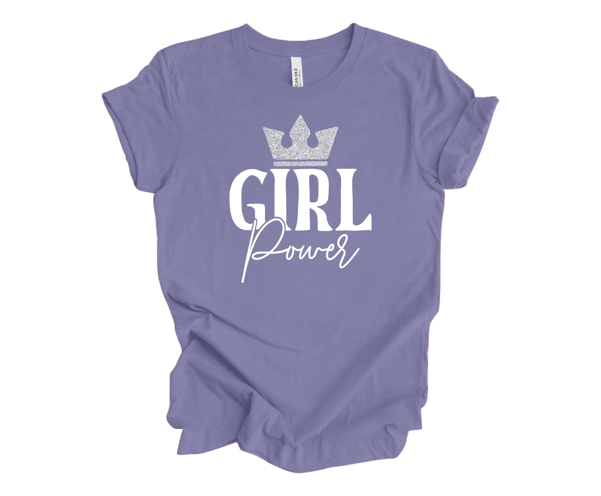 Bella Canvas T-Shirt Dark Lavender with the words Girl Power and a sparkly crown on top