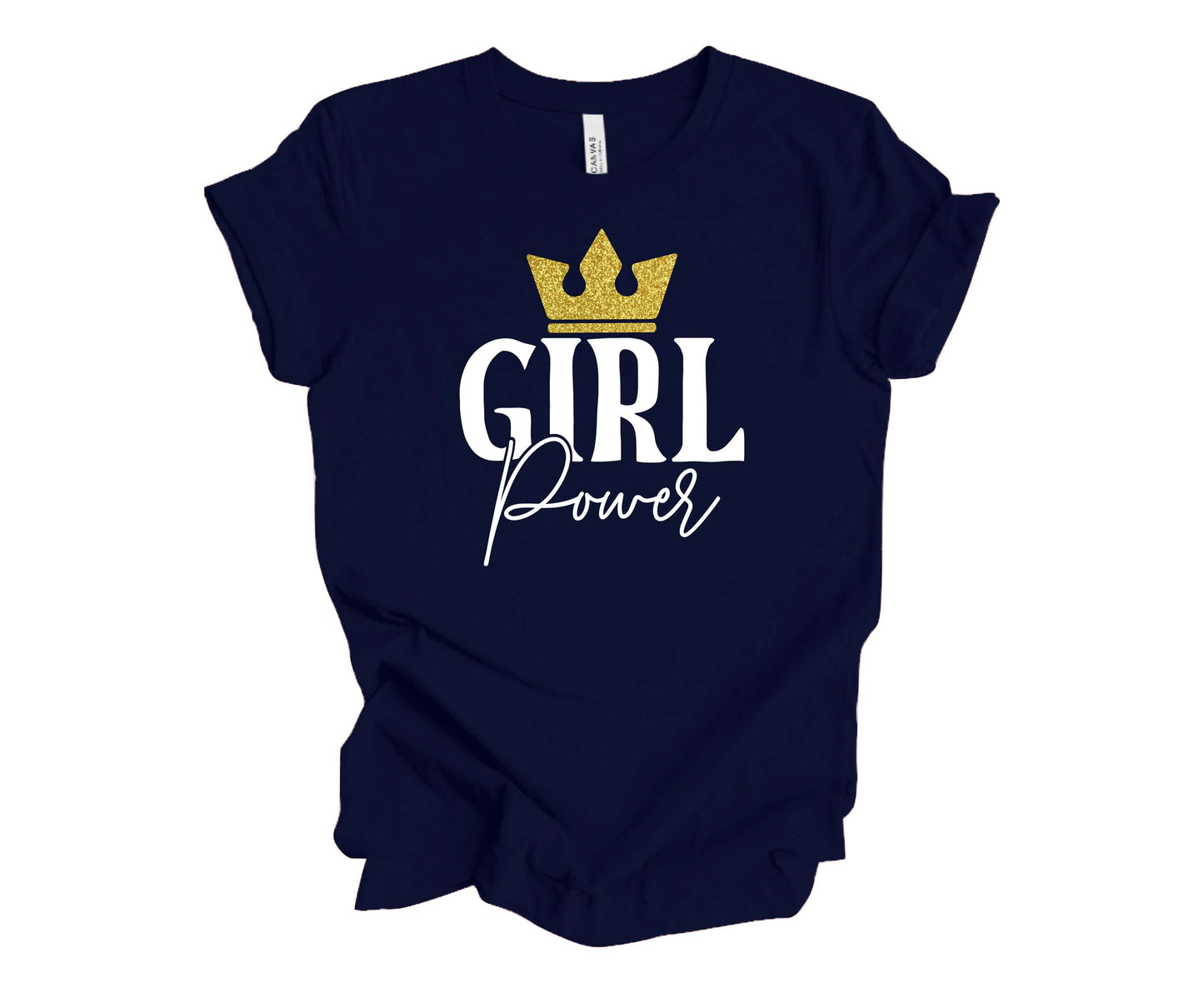 Bella Canvas T-Shirt Navy with the words Girl Power and a sparkly crown on top