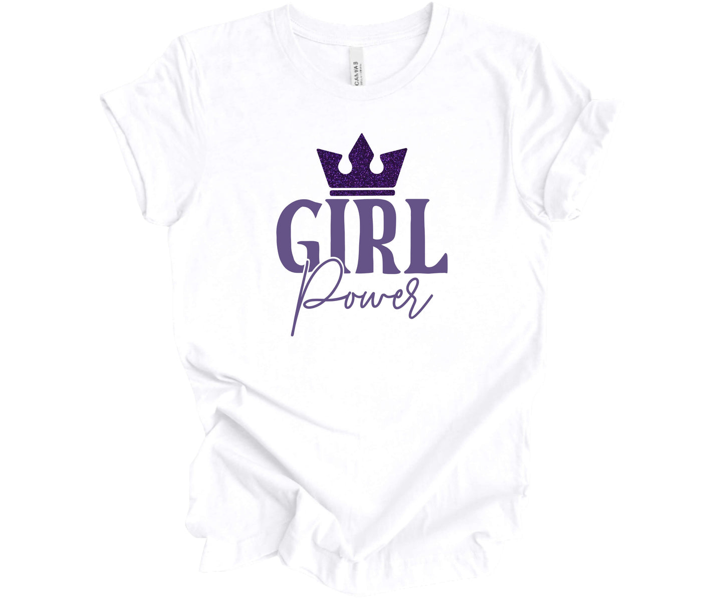 Bella Canvas T-Shirt White with the words Girl Power and a sparkly crown on top