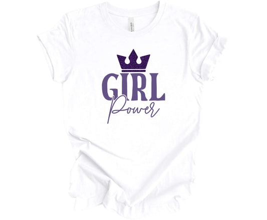 Bella Canvas T-Shirt White with the words Girl Power and a sparkly crown on top