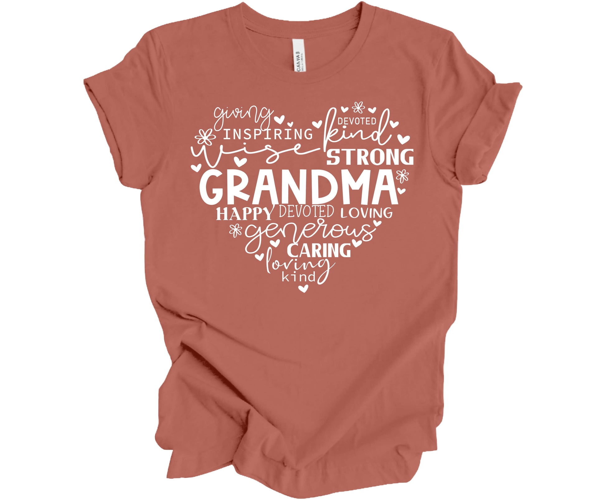 Bella Canvas T-Shirt in Clay with the word Grandma in the shape of a heart with other inspirational words