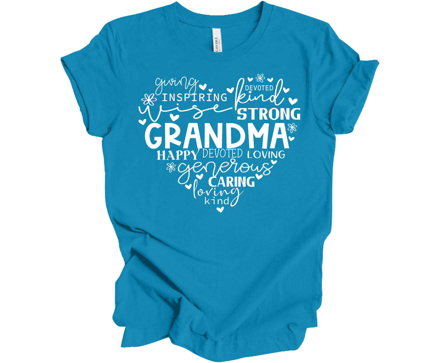 Bella Canvas T-Shirt in Electric Blue with the word Grandma in the shape of a heart with other inspirational words