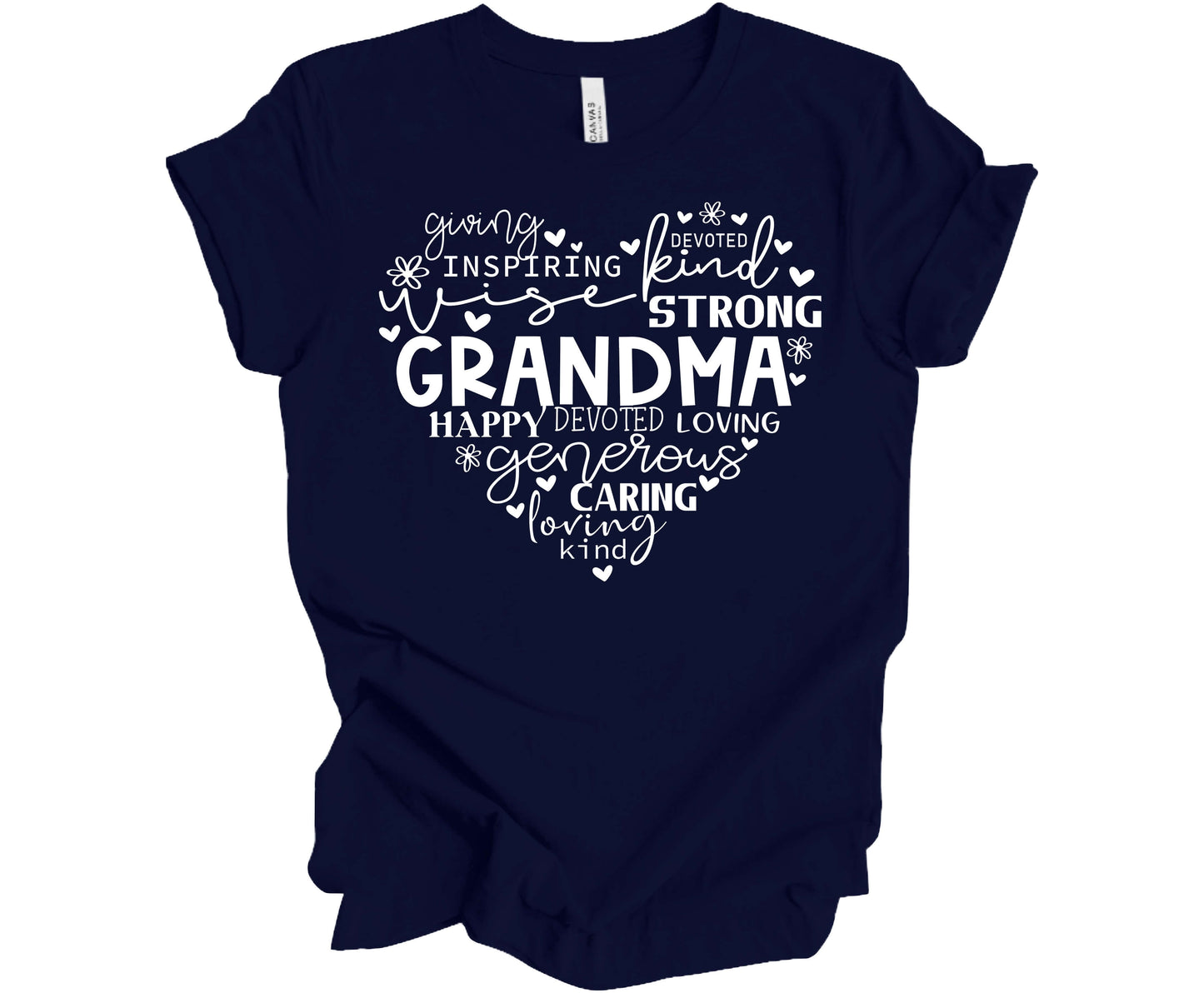 Bella Canvas T-Shirt in Navy with the word Grandma in the shape of a heart with other inspirational words