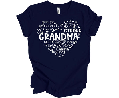 Bella Canvas T-Shirt in Navy with the word Grandma in the shape of a heart with other inspirational words