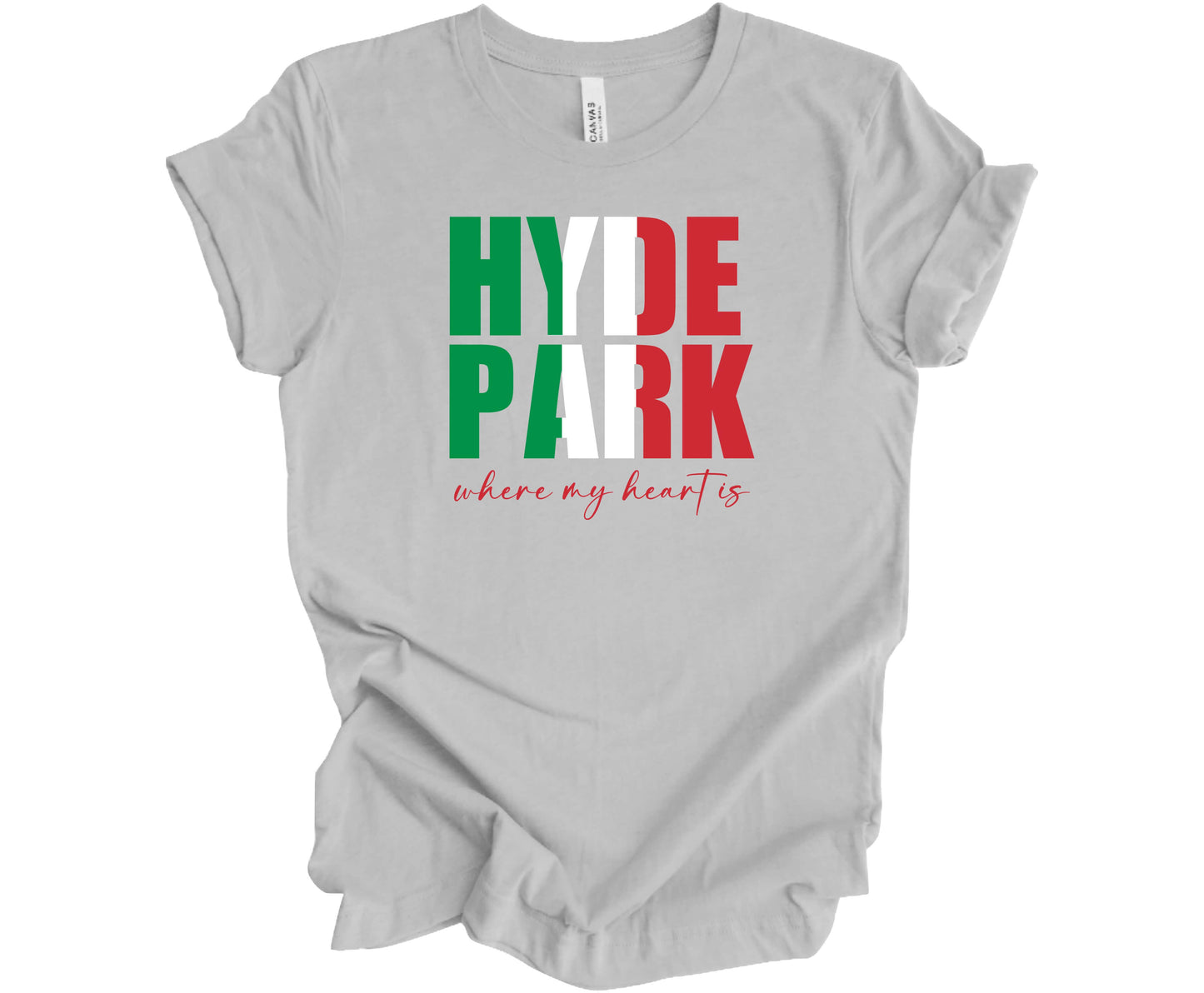 Bella Canvas T-Shirt in Solid Athletic Gray with the words Hyde Park in the colors of the Italian flag