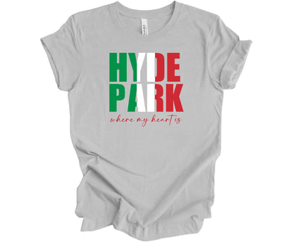 Bella Canvas T-Shirt in Solid Athletic Gray with the words Hyde Park in the colors of the Italian flag