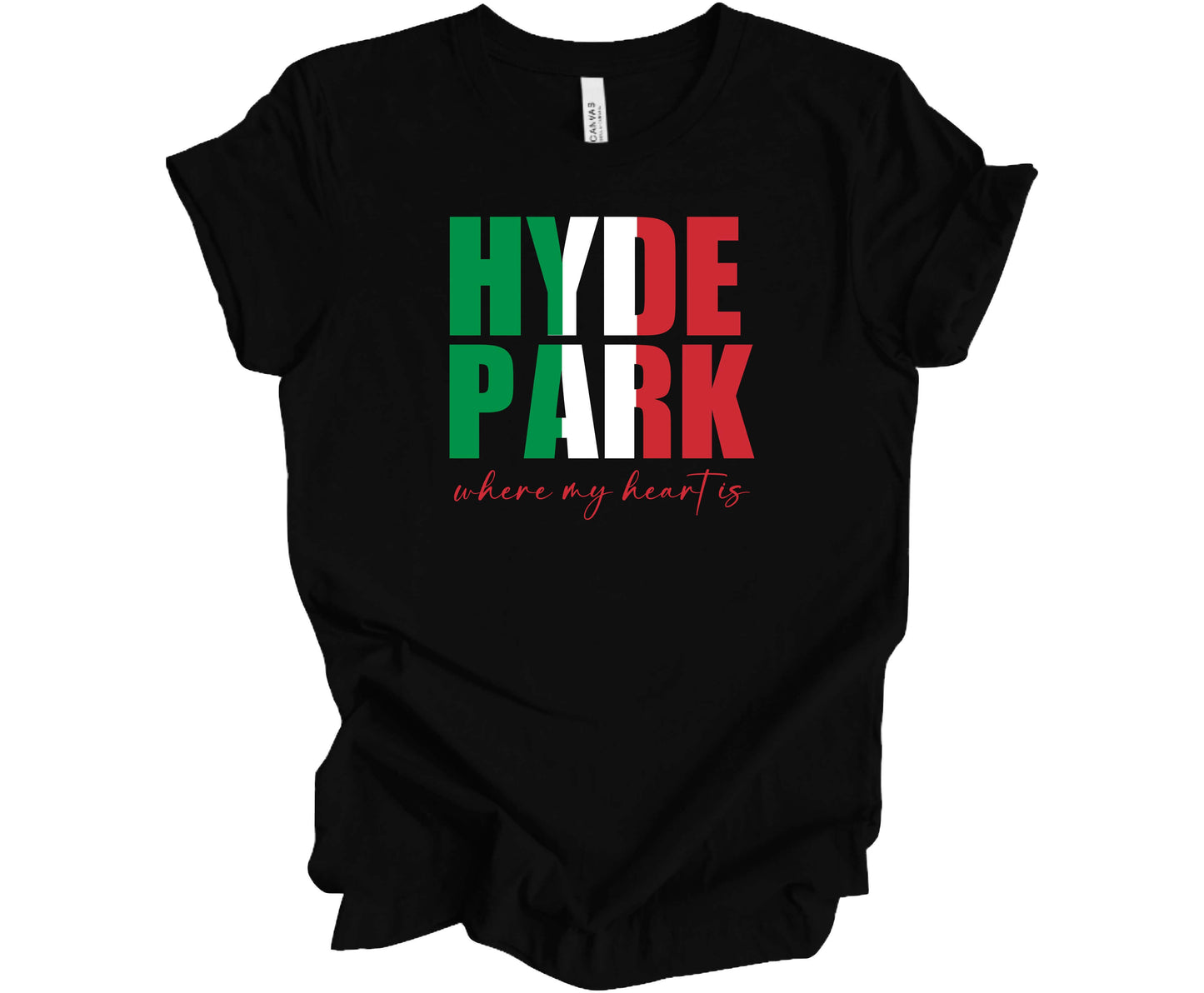 Bella Canvas T-Shirt in Black with the words Hyde Park in the colors of the Italian flag