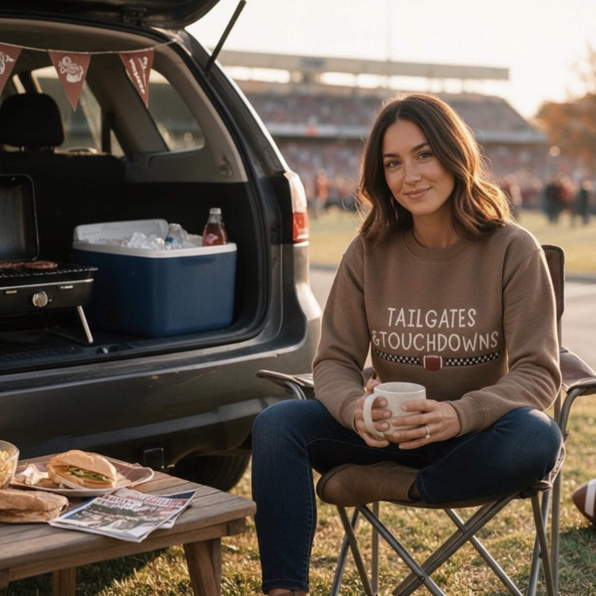 Image of a model wearing a Bella Canvas 3945 Vintage Brown sweatshirt with an embroidered design that says "Tailgates & Touchdowns" in a bold font with a race car stripe and football design underneath.