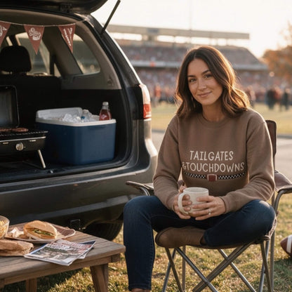 Image of a model wearing a Bella Canvas 3945 Vintage Brown sweatshirt with an embroidered design that says "Tailgates & Touchdowns" in a bold font with a race car stripe and football design underneath.