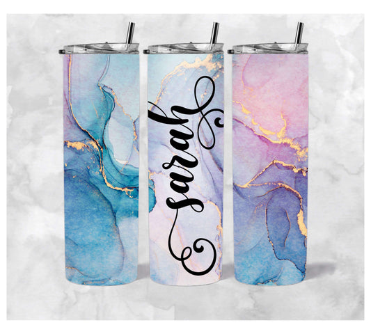 20oz Stainless Steel Tumbler with a pink, blue, purple watercolor design personalized with your name in a font of your choice.