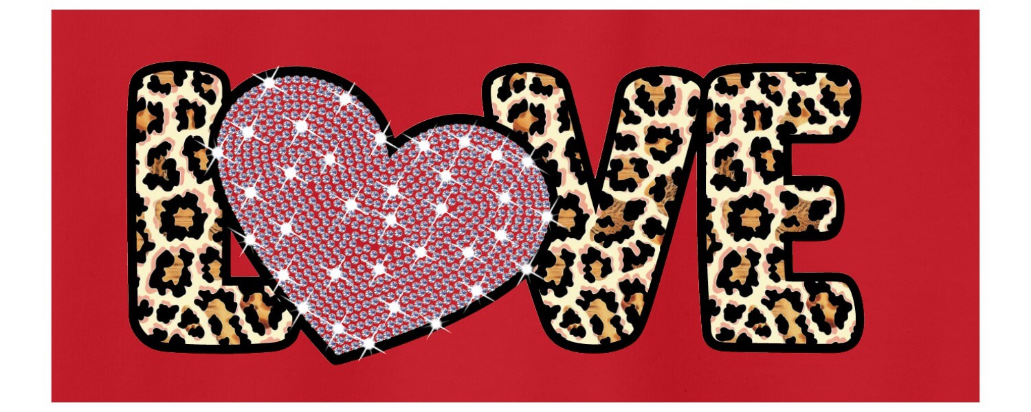 Close up picture of the design on this Gildan Softstyle Sweatshirt in the color Red with the word "Love" across the front adorned in leopard print and where the "O" has been replaced with a heart that has crystal rhinestones.