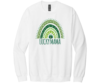 Gildan Softstyle White Sweatshirt with a rainbow in different shades of green with the words "Lucky Mama" in celebration of St. Patrick's Day.