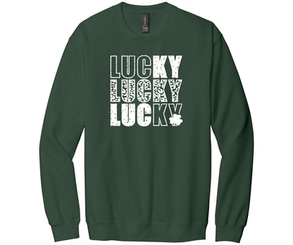 Gildan Softstyle Sweatshirt in Forest Green with the word Lucky repeated three times - each with different design elements in celebration of St. Patrick's Day.