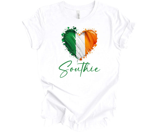 Bella Canvas T-Shirt in White with a Heart in Irish Flag Colors and the word Southie