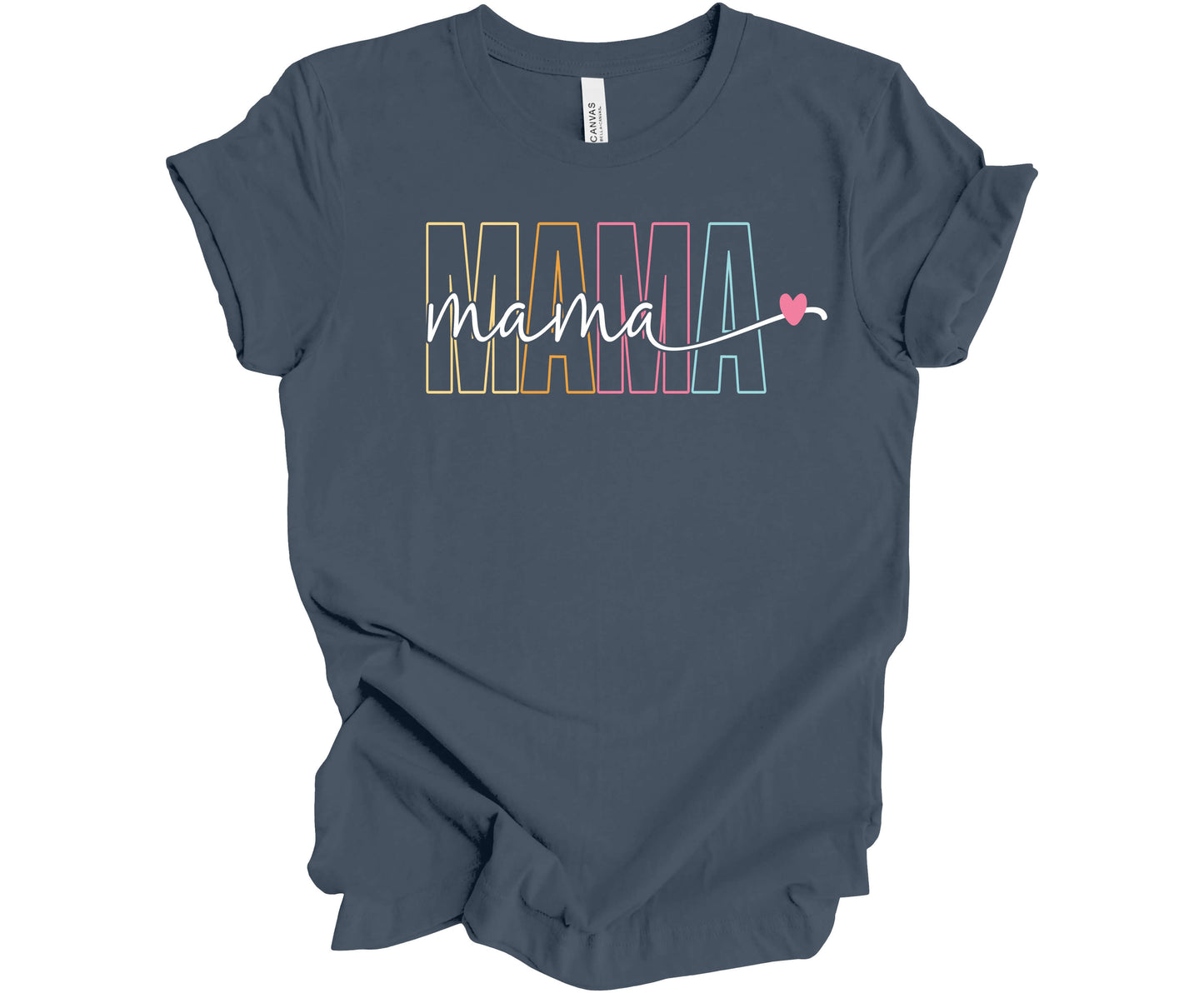 Bella Canvas T-Shirt in Vintage Navy with a colorful outline MAMA design.  Cutting across the middle of the design is the word mama in cursive in the color white, which provides a nice contrast.