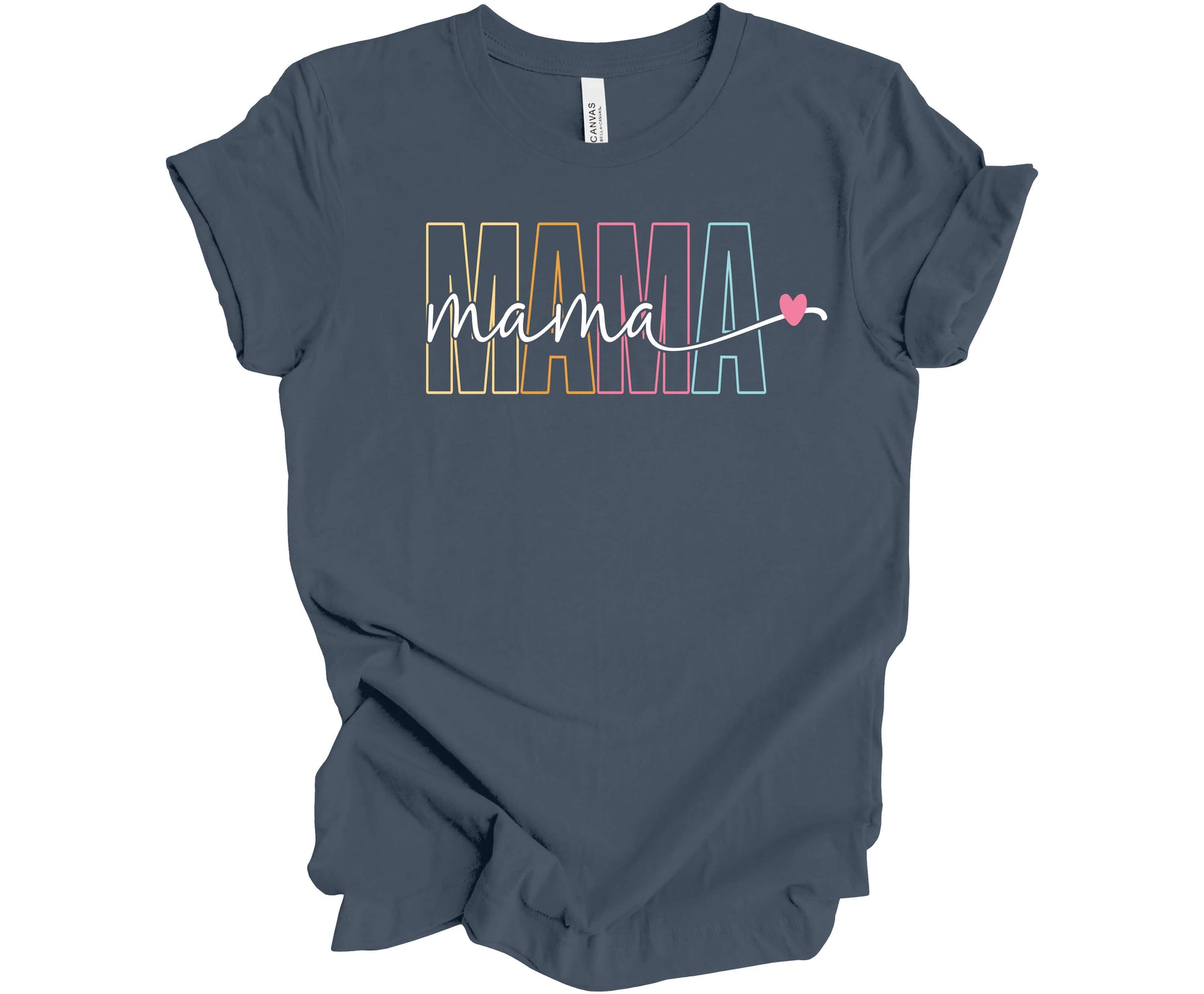Bella Canvas T-Shirt in Vintage Navy with a colorful outline MAMA design.  Cutting across the middle of the design is the word mama in cursive in the color white, which provides a nice contrast.